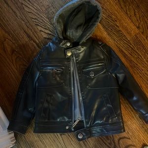 Kids black leather jacket w hood